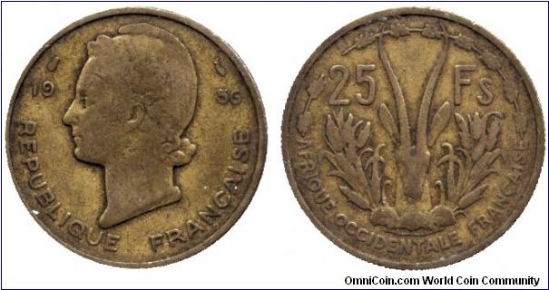French West Africa, 25 francs, 1956, Al-Bronze.                                                                                                                                                                                                                                                                                                                                                                                                                                                                     
