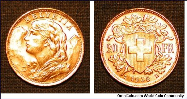 1935 Switzerland 20 Francs, Gold