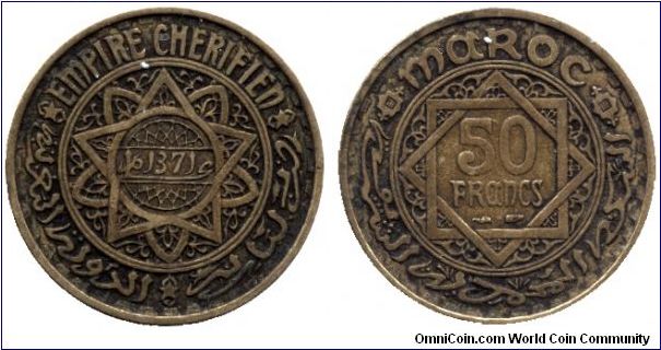 Morocco, 50 francs, 1951, Al-Bronze, Empire Cherifien.                                                                                                                                                                                                                                                                                                                                                                                                                                                              