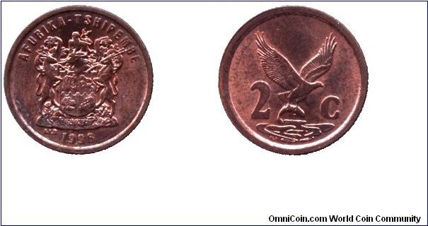 South Africa, 2 cents, 1996, Cu-Steel, African Sea Eagle (Haliaetus Vocifer), Afurika - Tshipembe.                                                                                                                                                                                                                                                                                                                                                                                                                  