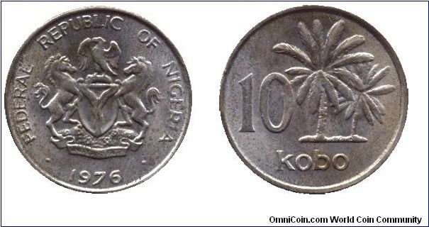 Nigeria, 10 kobos, 1976, Cu-Ni, Palm trees.                                                                                                                                                                                                                                                                                                                                                                                                                                                                         