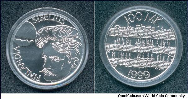 100 markkaa commemorating the centenary of composer Jean Sibelius's Finlandia. Obverse designed by Juhani Pallasmaa and the reverse by Juhani Veistola.