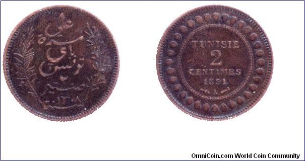 Tunisia, 2 centimes, 1891, Bronze.                                                                                                                                                                                                                                                                                                                                                                                                                                                                                  