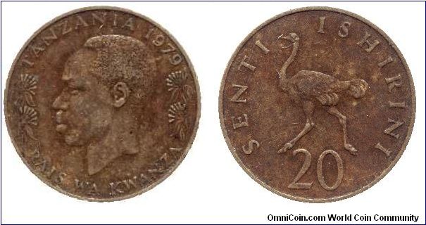 Tanzania, 20 senti, 1979, Ni-Brass, Ostrich.                                                                                                                                                                                                                                                                                                                                                                                                                                                                        