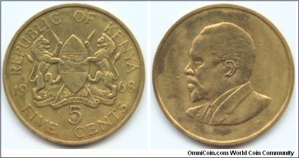 Kenya, 5 cents 1968.
President Mzee Jomo Kenyatta.