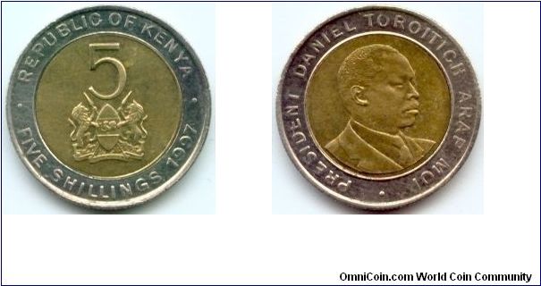 Kenya, 5 shillings 1997.
President Daniel Toroitich Arap Moi.