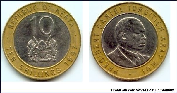 Kenya, 10 shillings 1997.
President Daniel Toroitich Arap Moi.