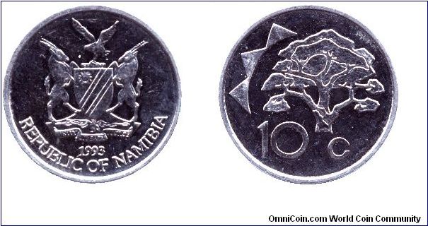 Namibia, 10 cents, 1993, Ni-Steel.                                                                                                                                                                                                                                                                                                                                                                                                                                                                                  