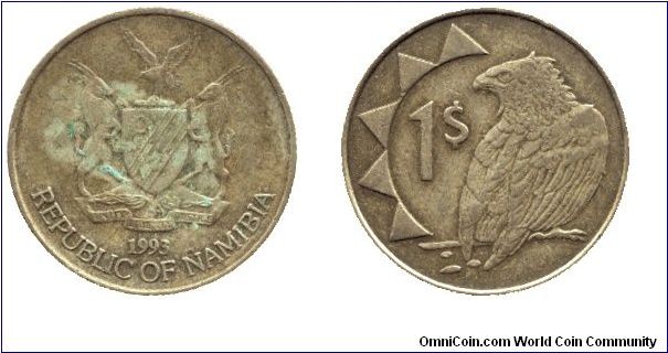 Namibia, 1 dollar, 1993, Brass, Eagle.                                                                                                                                                                                                                                                                                                                                                                                                                                                                              