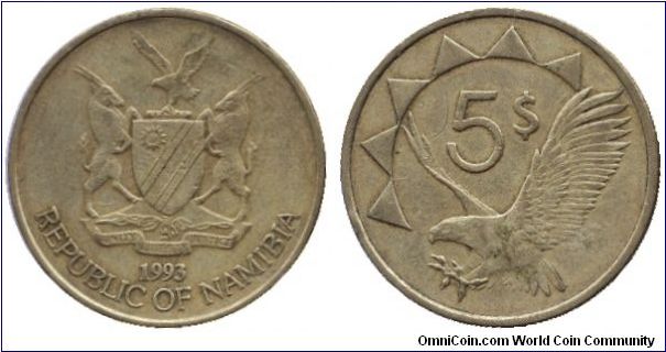Namibia, 5 dollars, 1993, Brass, Flying eagle.                                                                                                                                                                                                                                                                                                                                                                                                                                                                      