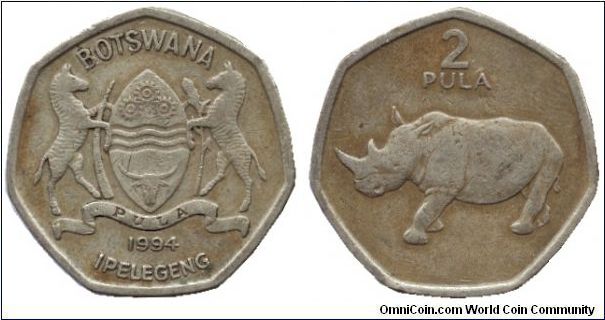 Botswana, 2 pula, 1994, Rhinoceros.                                                                                                                                                                                                                                                                                                                                                                                                                                                                                 