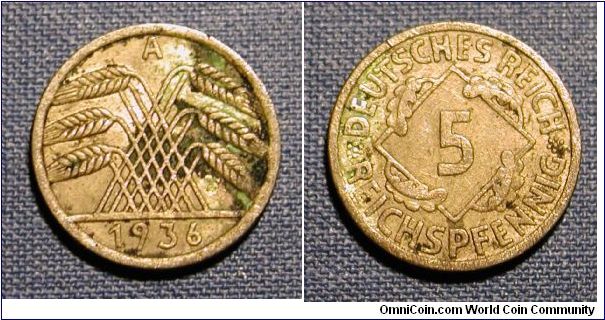 1936 Germany 5 Reichspfennig