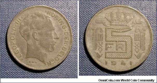 1941 Belgium 5 Francs
