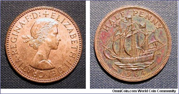 1964 Great Britain Half Penny, Rainbow toned reverse.