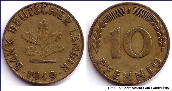 10 Pfennig, 1949, J (Hamburg), small J mint mark