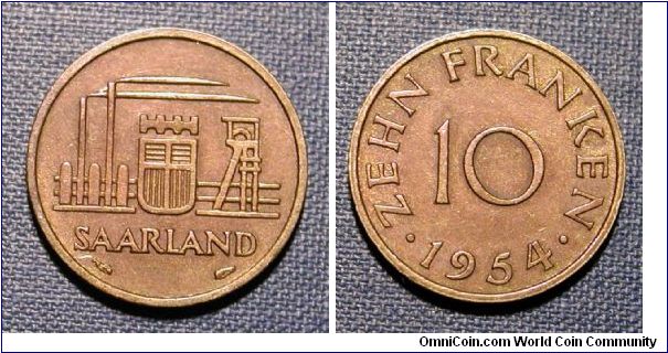 1954 Saarland (German State) 10 Franken