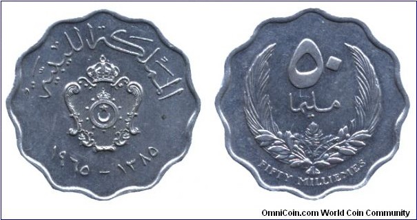 Libya, 50 millimes, 1965, Cu-Ni.                                                                                                                                                                                                                                                                                                                                                                                                                                                                                    