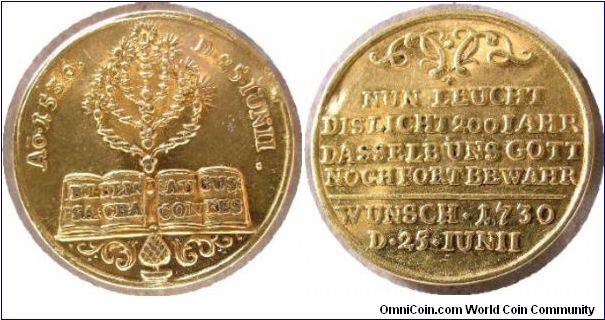 1730 Augsburg ducat - struck to commemorate the bicentennial of the Augsburg Confession.