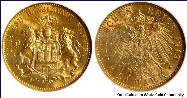 1913 Hamburg gold 20 marks MS64