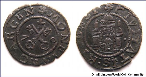 Free City of Riga, 1 schilling, 1570, The big coat of arms of Riga, w/o keys above. Legend around: *CIVITATIS.RIGENSIS,  The last 2 digits of the date, divided by the small coat of arms of Riga.
Legend around: *MONETA.NO.ARGEN