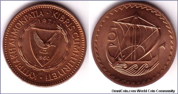 Cyprus, 5 Mils 1971, bronze