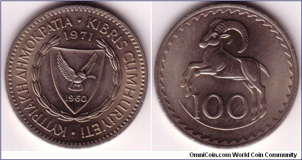 Cyprus, 100 Mils 1971, Cyprus mouflon
