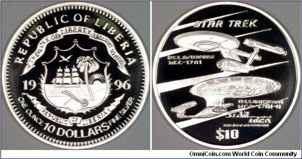 Liberian silver proof coin with the Starship enterprise from Star Trek.
Is this slightly gimmicky?
There are others is the series with characters from Star Trek.