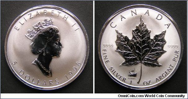 1998 Canada $5 Matte Finish Maple Leaf Bullion.
Titanic Privy Mark. Mintage 26,000.

Re-imaged.