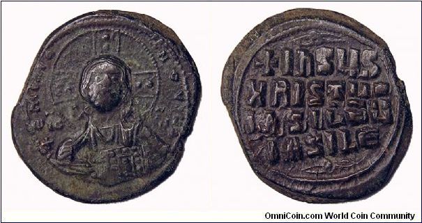 Byzantine Empire AE Follis 969-1035 AD.
Obv: Bust of Christ.
Rev: +IHSUS KRISTUS BASILEU BASILE (Jesus Christ King of Kings)
Placed this in Mid-East, Unknown - No option for Byzantine Empire.