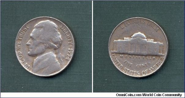 1954-P Jefferson Nickel pulled from circulation 50 years later on 10/2004. Got coin as change. This shows the wear of 50 years of circulation.