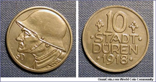 1918 Germany City of Duren 10 Pfennig Notgel Coin (Composed of Iron)