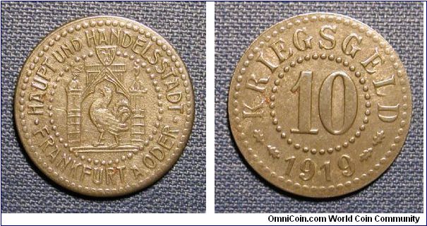 1919 Germany, City of Frankfurt 10 Pfennig Notgeld Coin (Composed of Iron)