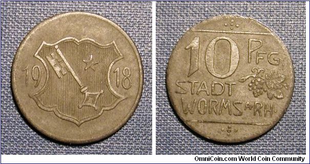 1918 Germany, City of Worms 10 Pfennig Notgeld Coin (Composed of Iron)