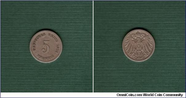 1908 E 5 Pfennig - Imperial Germany - Copper-Nickel