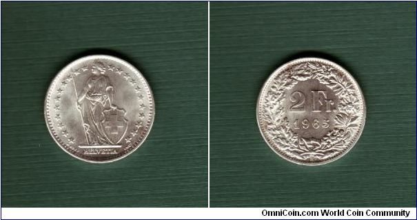 1965 B Helvetia 2 Franc - Silver