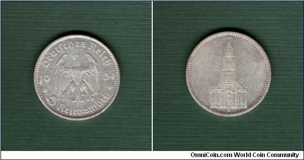 1934 A 5 Reichsmark - Nazi Germany - no date on reverse - Silver - 1st Anniversary of Nazi Rule
