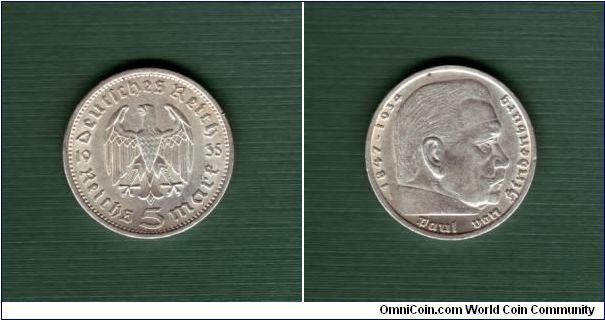 1935 A 5 Reichsmark - Nazi Germany - Silver - Hindenberg issue