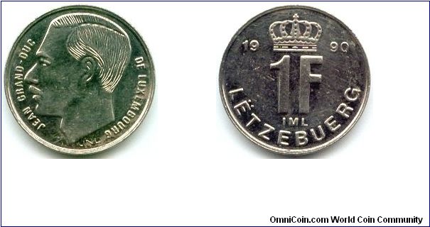 Luxembourg, 1 franc 1990.
Grand Duke Jean.