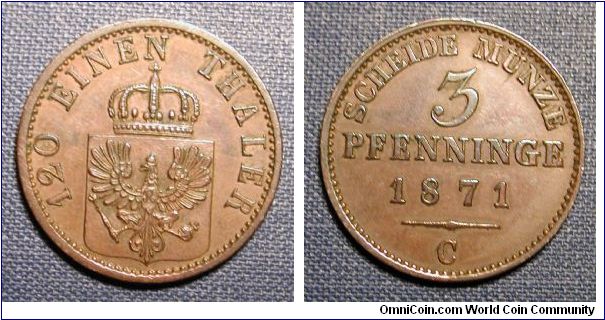 1871 German States Prussia 3 Pfennig