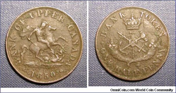1850 Bank of Upper Canada Half Penny Token
