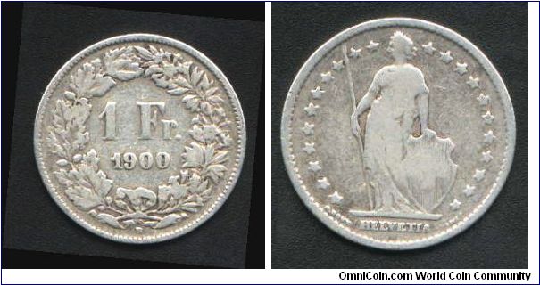 One swiss franc issued 1900

shiny almost on obverse