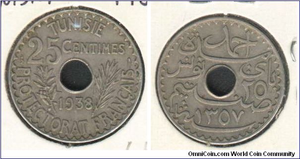 25 Tunisian cents
issued 1938
from in Baii Ahmed