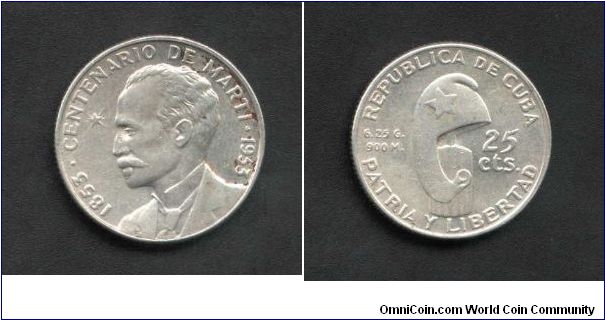 25 Cts. From CUBA 
Issued 1953