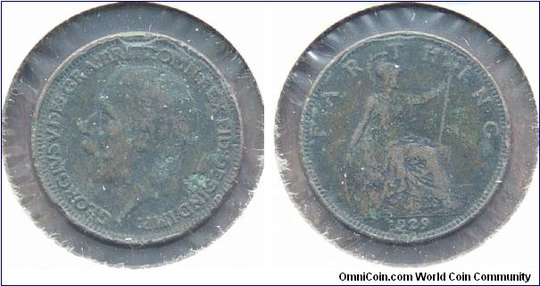 A 1929 British Farthing (One Quarter Penny) VG-F Corroded