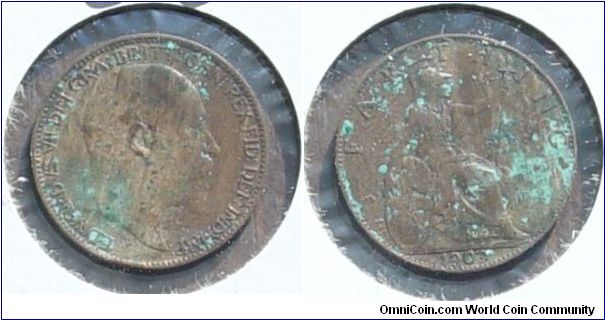 A 1909 British Farthing (One Quarter Penny) VG corroded