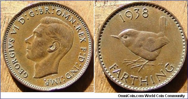 A 1938 British Farthing (One Quarter Penny) AU