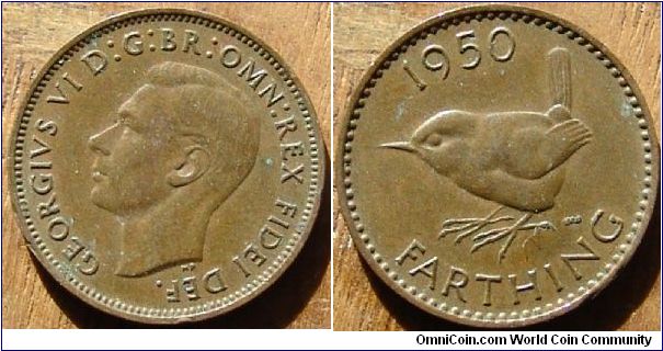 A 1950 British Farthing (One Quarter Penny) AU