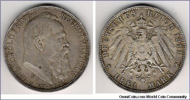 Germany-Bavaria 1911D 3 mark