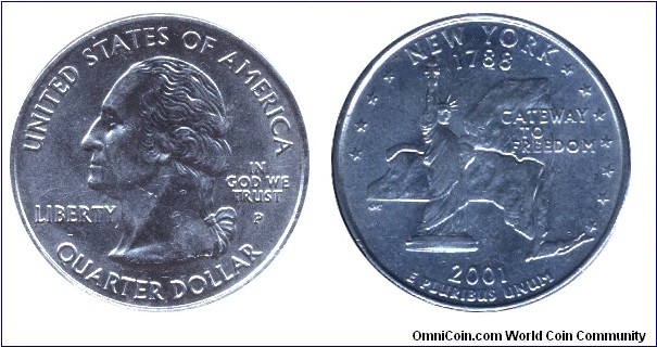 USA, 1/4 dollar, 2001, Cu-Ni, MM: P, New York - 1788, Gateway to Freedom, Washington                                                                                                                                                                                                                                                                                                                                                                                                                                