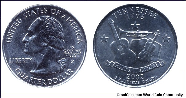 USA 1/4 dollar, 2002, Cu-Ni, MM: P, Tennesse - 1796, Musical Heritage, Washington                                                                                                                                                                                                                                                                                                                                                                                                                                   